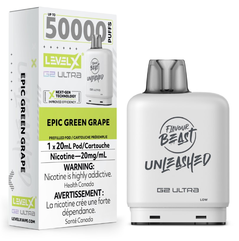 Manitoba *EXCISED* Nicotine Pod Flavour Beast Level X Unleashed G2 Ultra Epic Green Grape Box of 6