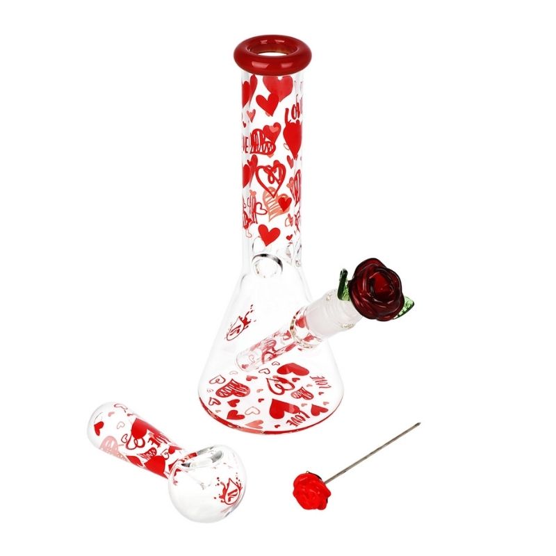 Glass Bong Pulsar Valentine's Hearts 'n' Roses Glass Herb Pipe Duo 10"